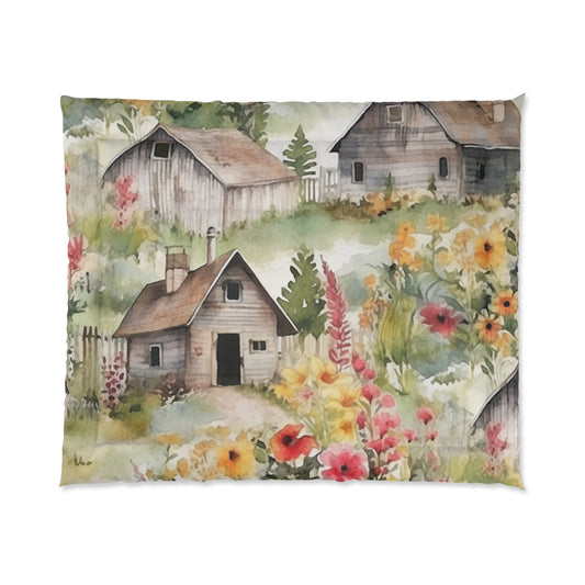 Country Wooden Houses with Flower Blooms - Cottagecore Floral Design - Outdoor Style - Bed Comforter