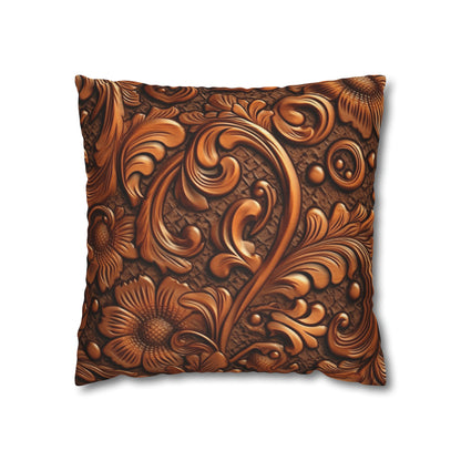 Leather Flower Cognac Classic Brown Timeless American Cowboy Design - Spun Polyester Square Pillow Case