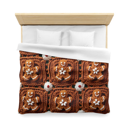 Gingerbread Man Crochet, Classic Christmas Cookie Design, Festive Yuletide Craft. Holiday Decor - Microfiber Duvet Cover