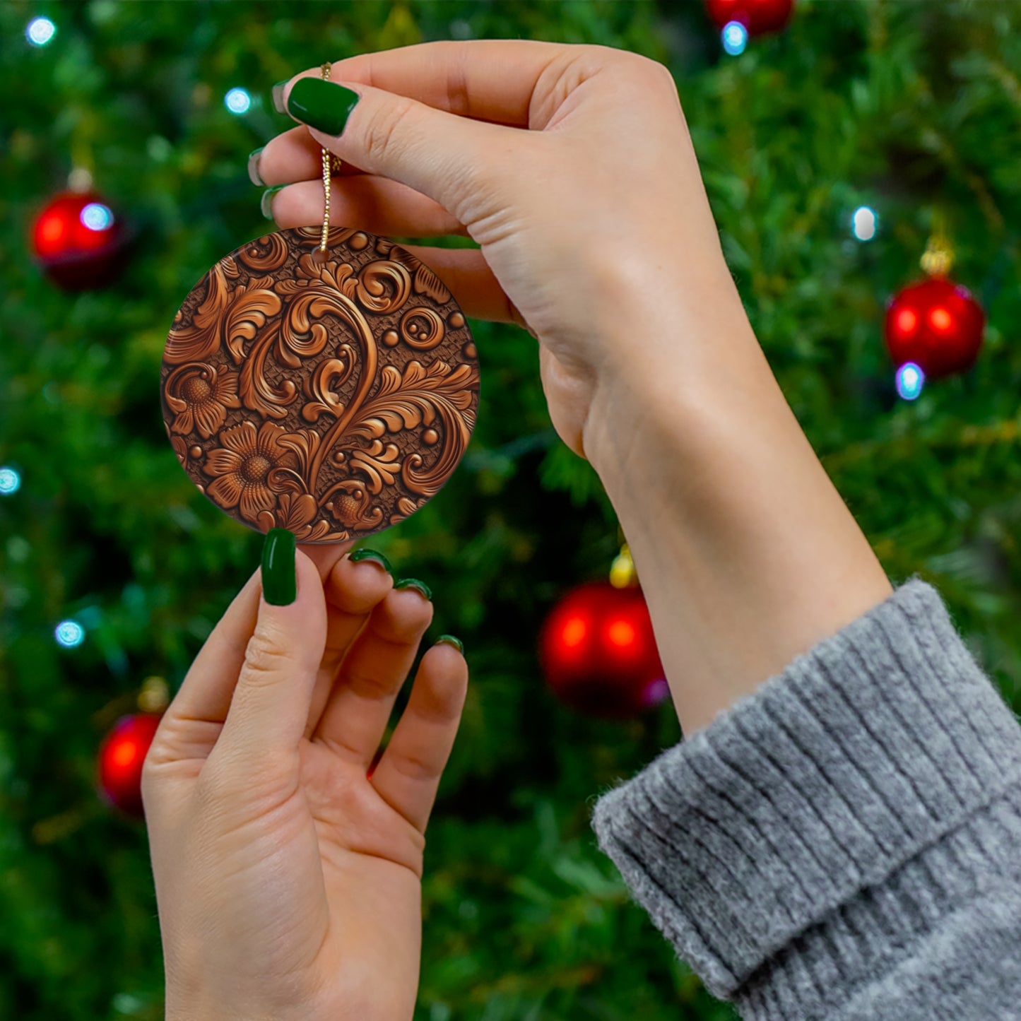 Leather Flower Cognac Classic Brown Timeless American Cowboy Design - Ceramic Ornament, 4 Shapes