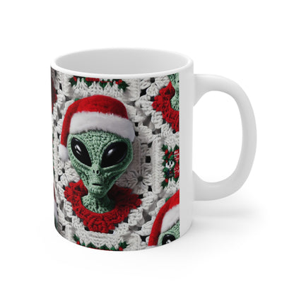 Santa's Cosmic Secret: Jolly Green Christmas Extraterrestrial with Festive Attire Crochet Art - Ceramic Mug 11oz