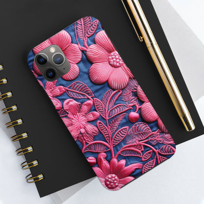 Denim Blue Doll Pink Floral Embroidery Style Fabric Flowers - Tough Phone Cases