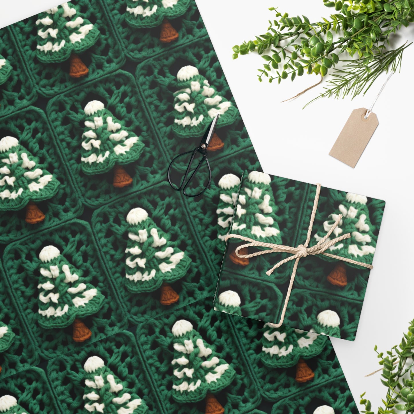 Evergreen Christmas Trees Crochet, Festive Pine Tree Holiday Craft, Yuletide Forest, Winter - Wrapping Paper