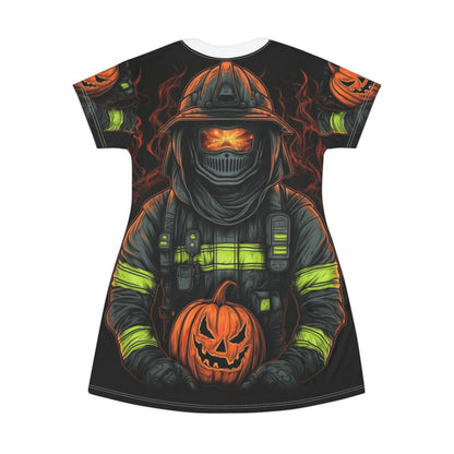 Firefighter Spooky Alert: Facing Haunted Halloween Spirits Scary Fire Pumpkin - T-Shirt Dress (AOP)