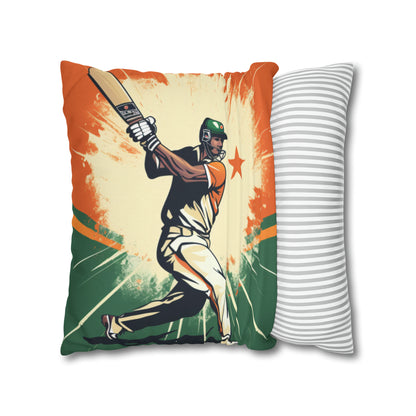 India Cricket Star: Batsman With Willow Bat, National Flag Style - Sport Game - Spun Polyester Square Pillow Case