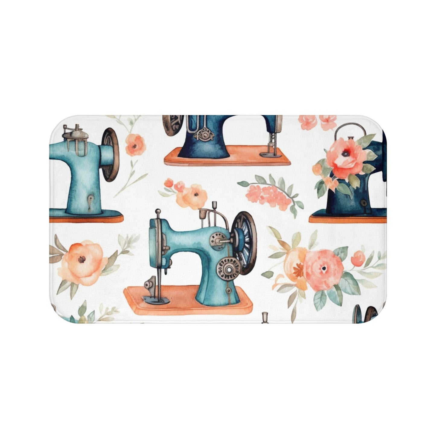 Watercolor Sewing Machines & Floral Bouquets: Antique Feminine Minimalist Styling - Bath Mat