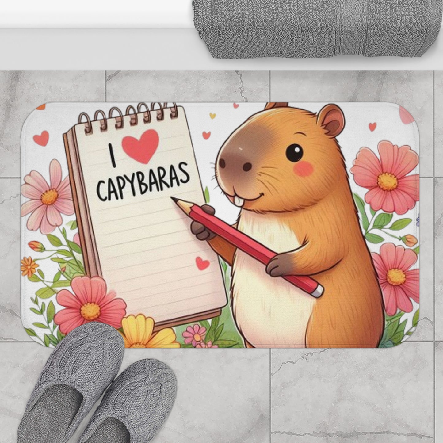 Capybara Holding Pencil and Notepad with I Love Capybaras, Cute Rodent Surrounded by Flowers and Butterflies, Bath Mat