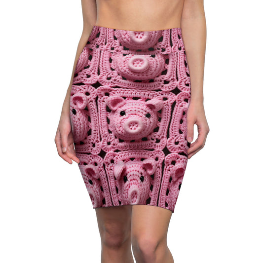 Crochet Pig Farm Animal Pink Snout Piggy Pattern - Women's Pencil Skirt (AOP)