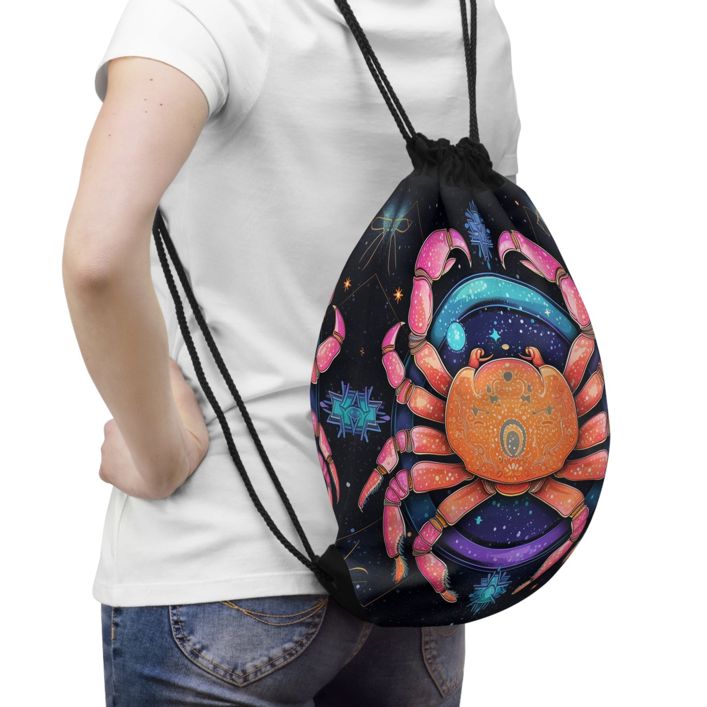 Rainbow Celestial Crab - Vibrant Cancer Zodiac Sign Art - Drawstring Bag