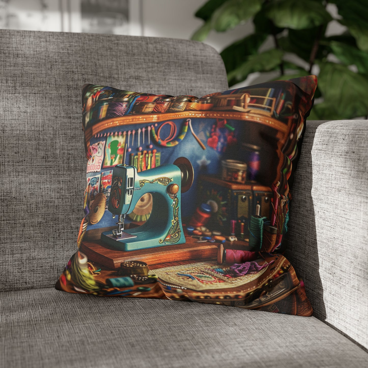 Seamstress Dream: Enchanted Sewing Nook Tapestry, Artisan Craft Room - Spun Polyester Square Pillowcase