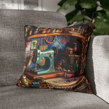 Seamstress Dream: Enchanted Sewing Nook Tapestry, Artisan Craft Room - Spun Polyester Square Pillowcase