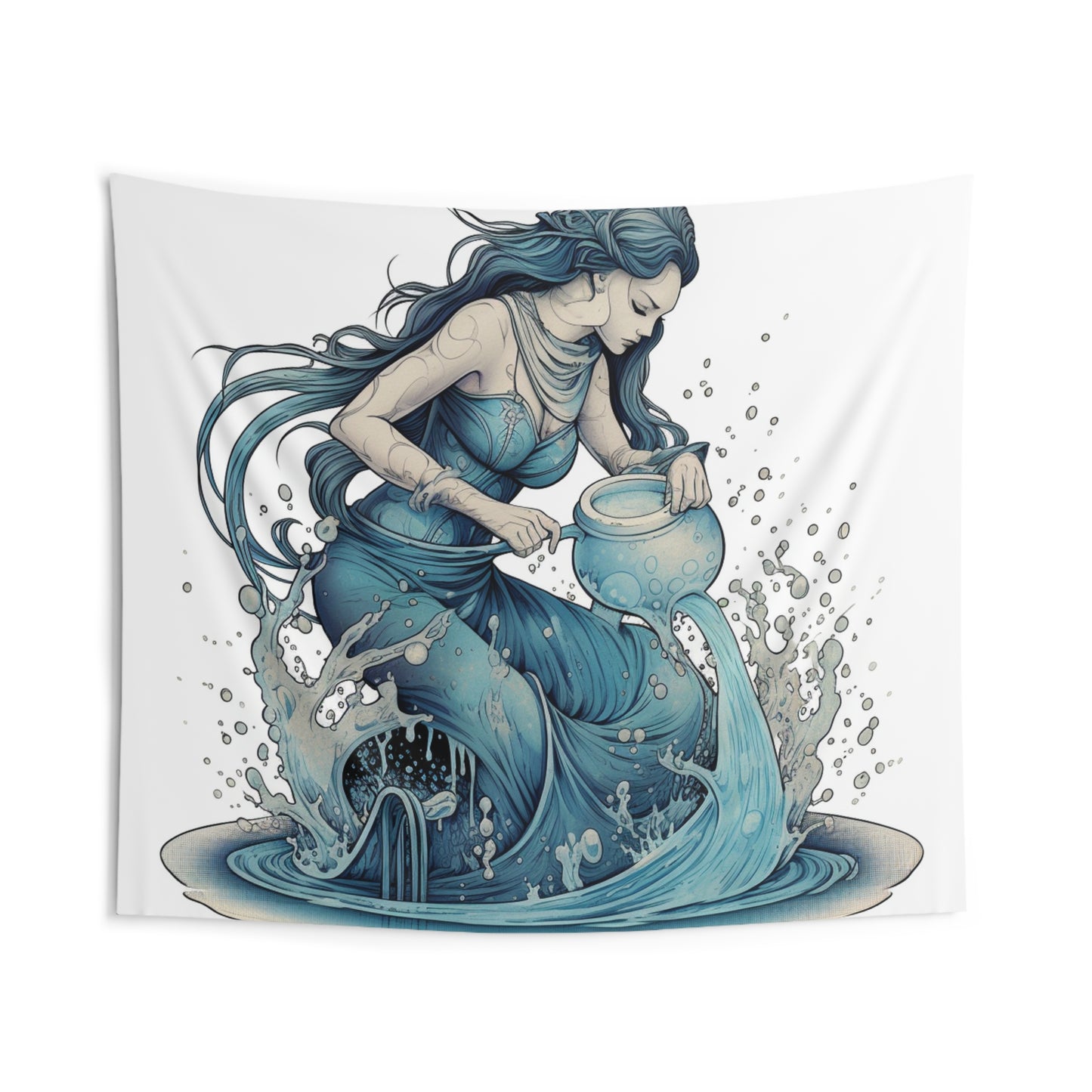 Aquarius Zodiac Symbol - Girl Pouring Water, Hand-Drawn Style - Indoor Wall Tapestries