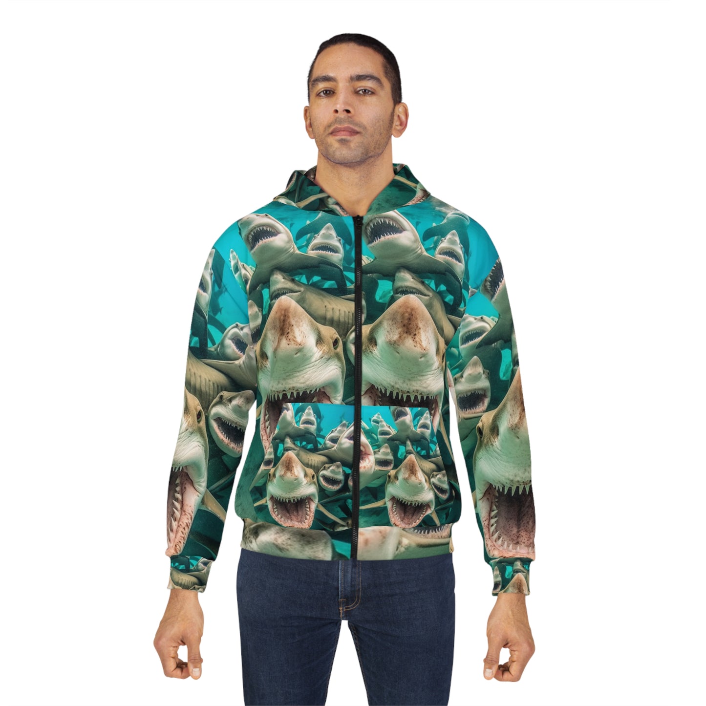 Laughing Lemon Sharks: Joyful Sea Jaws Ocean Deep - Unisex Zip Hoodie (AOP)