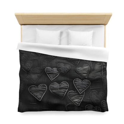 Black: Distressed Denim-Inspired Fabric Heart Embroidery Design - Microfiber Duvet Cover