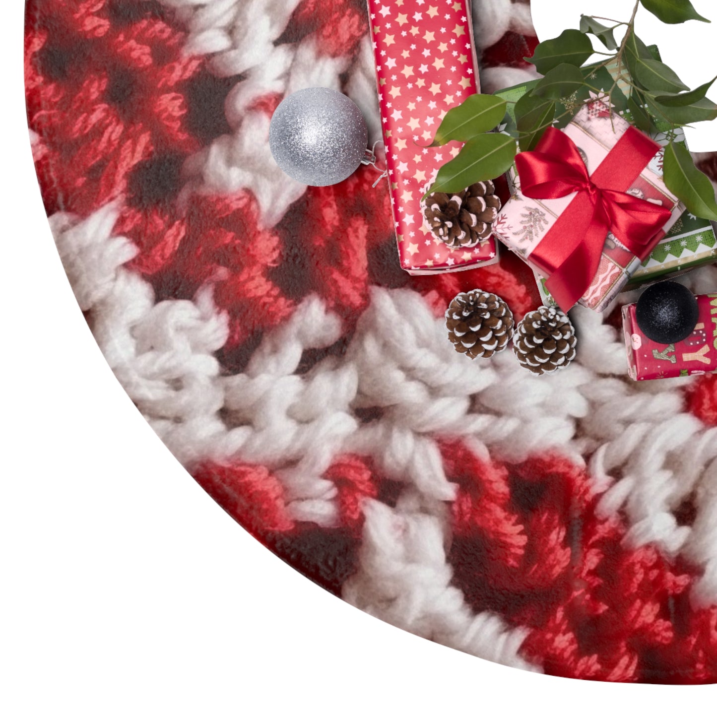 Warm Winter Red & White Crochet Knit: Cinematic Chic Texture Design - Christmas Tree Skirts