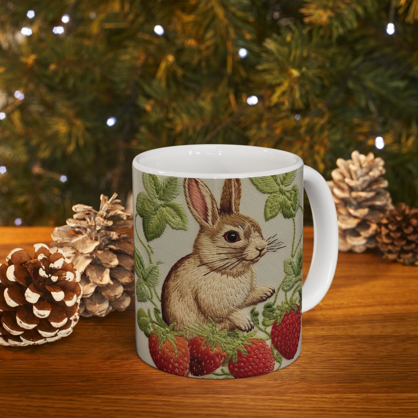 Strawberry Bunny Rabit - Embroidery Style - Strawberries Fruit Munchies - Easter Gift - Ceramic Mug 11oz