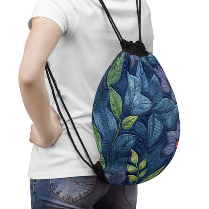 Floral Embroidery Blue: Denim-Inspired, Artisan-Crafted Flower Design - Drawstring Bag