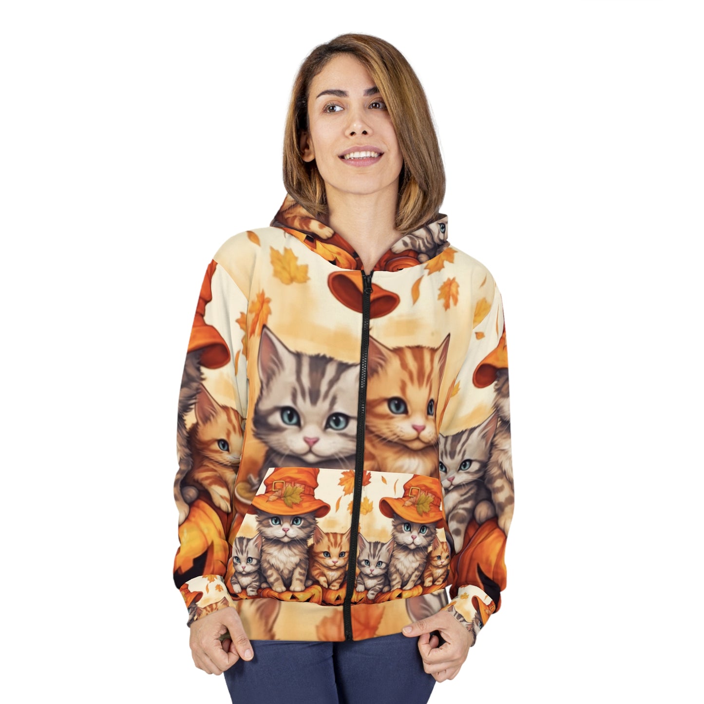 Kitty Cat Kittens Halloween - Cute Furries on Pumpkin - Festive Feline Decor - Unisex Zip Hoodie (AOP)