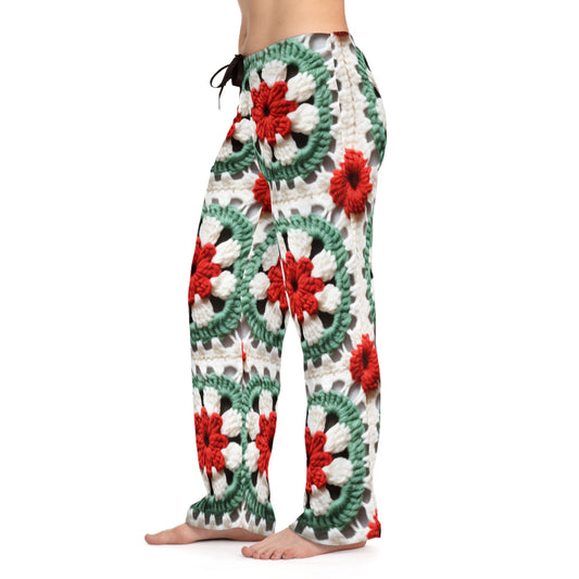 Christmas Granny Square Crochet, Cottagecore Winter Classic, Seasonal Holiday - Women's Pajama Pants (AOP)