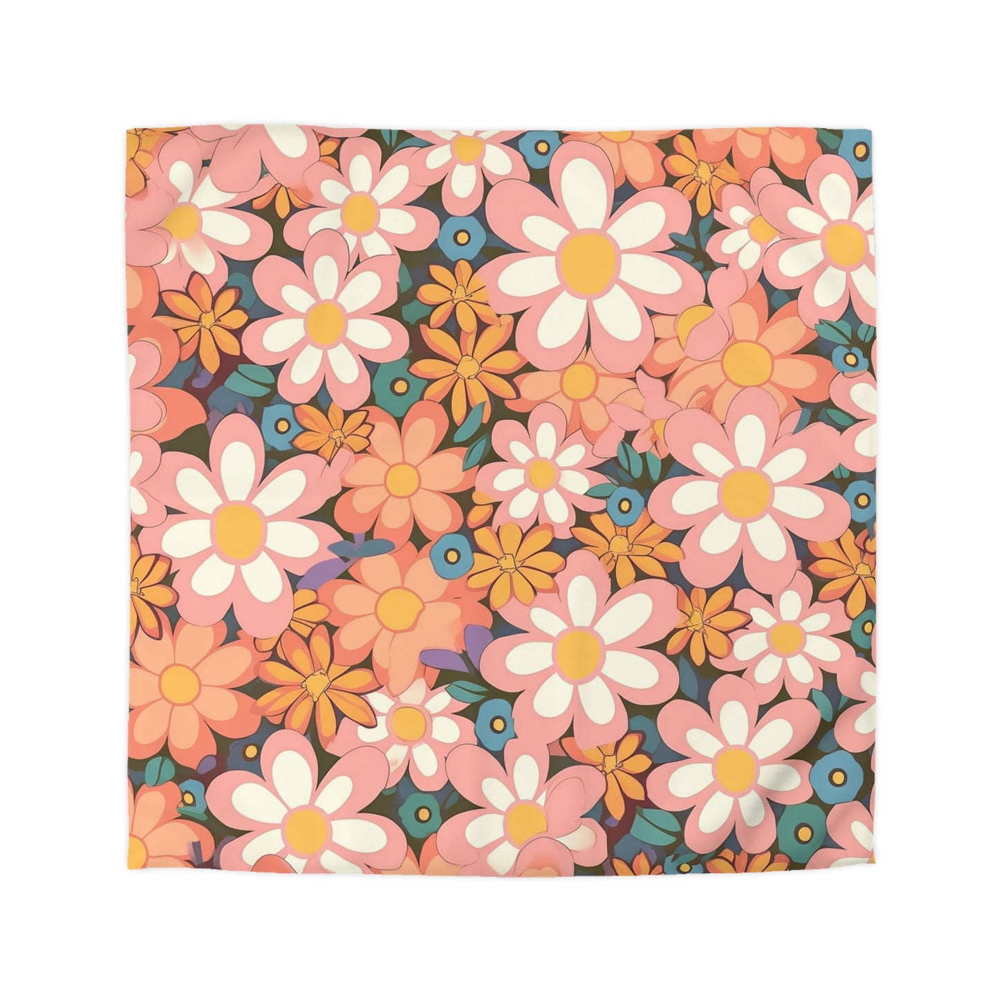 Groovy 1960s 1970s Pink &amp; Orange Daisy Mod Floral - Funda nórdica de microfibra