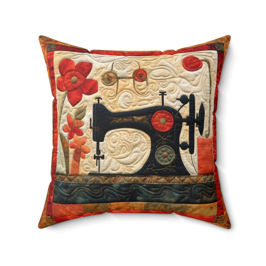 Sewing Machine Quilt: A Crafted Design Homage to Stitching - Spun Polyester Square Pillow