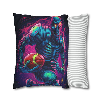 Spooky Football Game: Fantasy Skeleton Athlete Running with Ball, Sporty Halloween - Spun Polyester Square Pillow Case