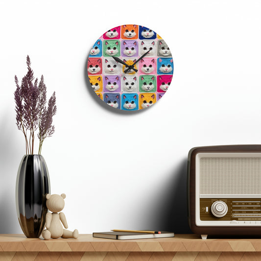 Crochet Cat, Summer Cotton, Feline, Retro Cat Cardigan, Kitten Crochet Cotton Creation - Acrylic Wall Clock