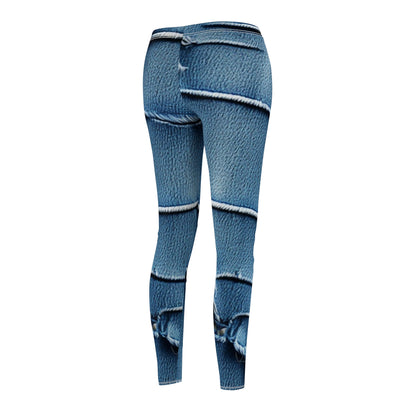 Midnight Blue Distressed Denim: Rugged, Torn & Stylish Design - Women's Cut & Sew Casual Leggings (AOP)