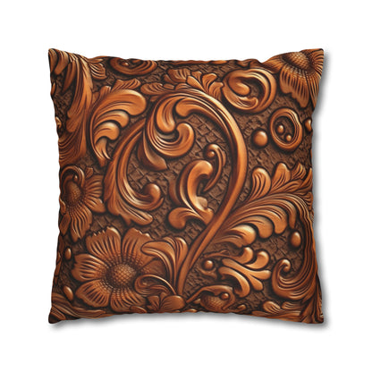 Leather Flower Cognac Classic Brown Timeless American Cowboy Design - Spun Polyester Square Pillow Case