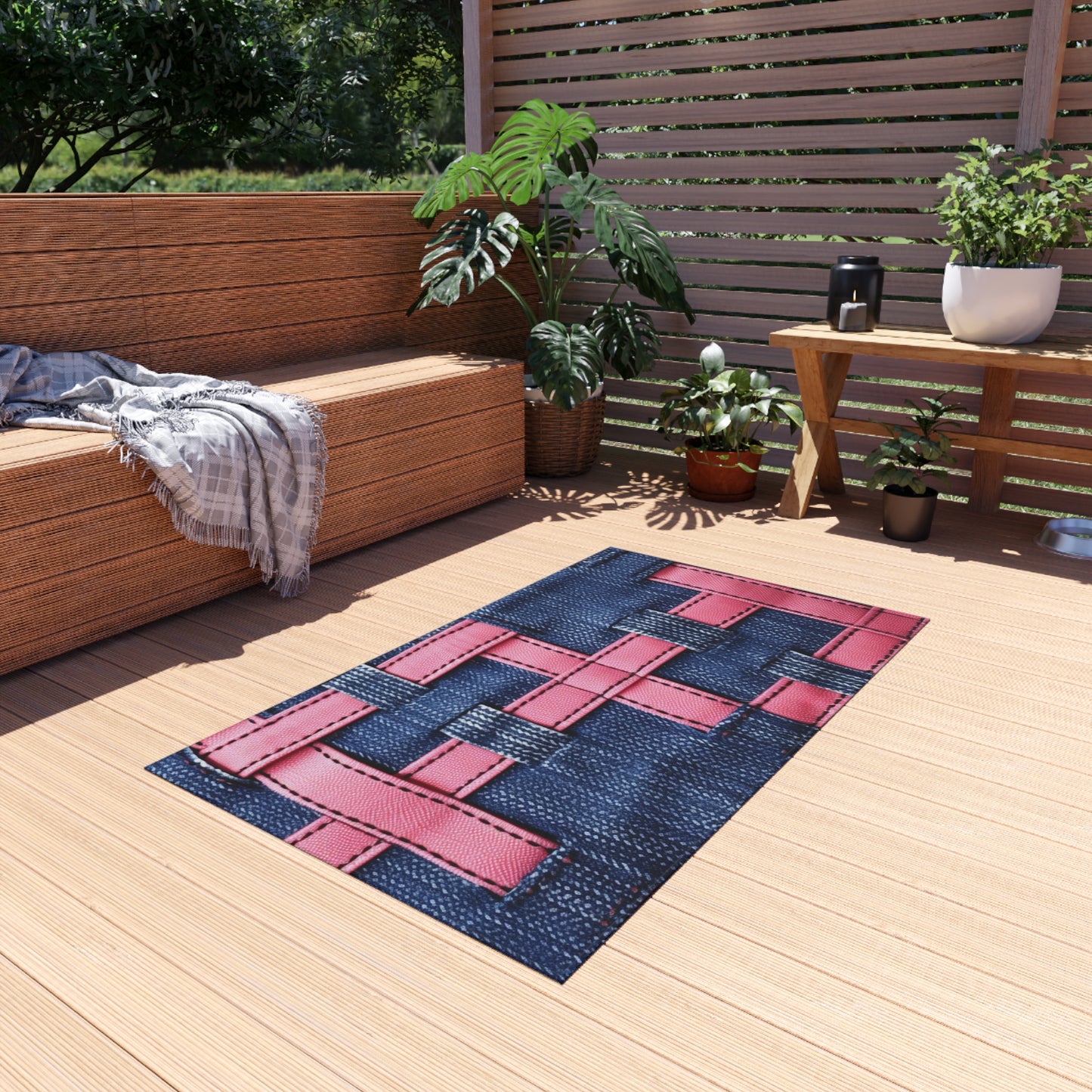 Candy-Striped Crossover: Pink Denim Ribbons Dancing on Blue Stage - Outdoor Rug