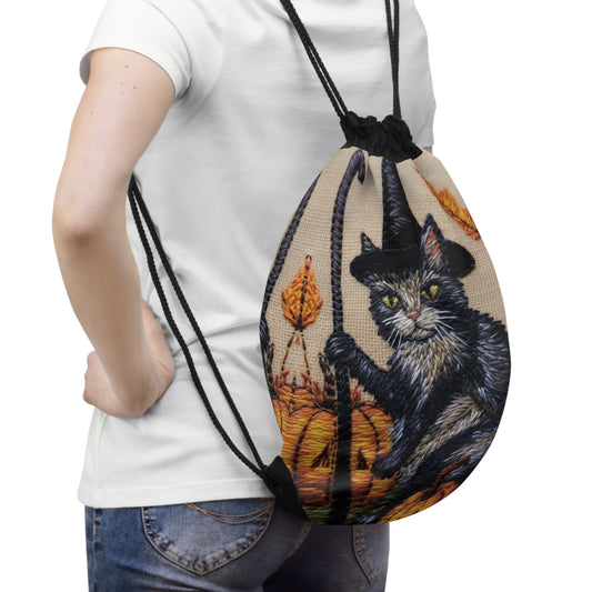 Halloween Cat Magic: Embroidered Style Feline with Pumpkins & Witch Hat - Drawstring Bag
