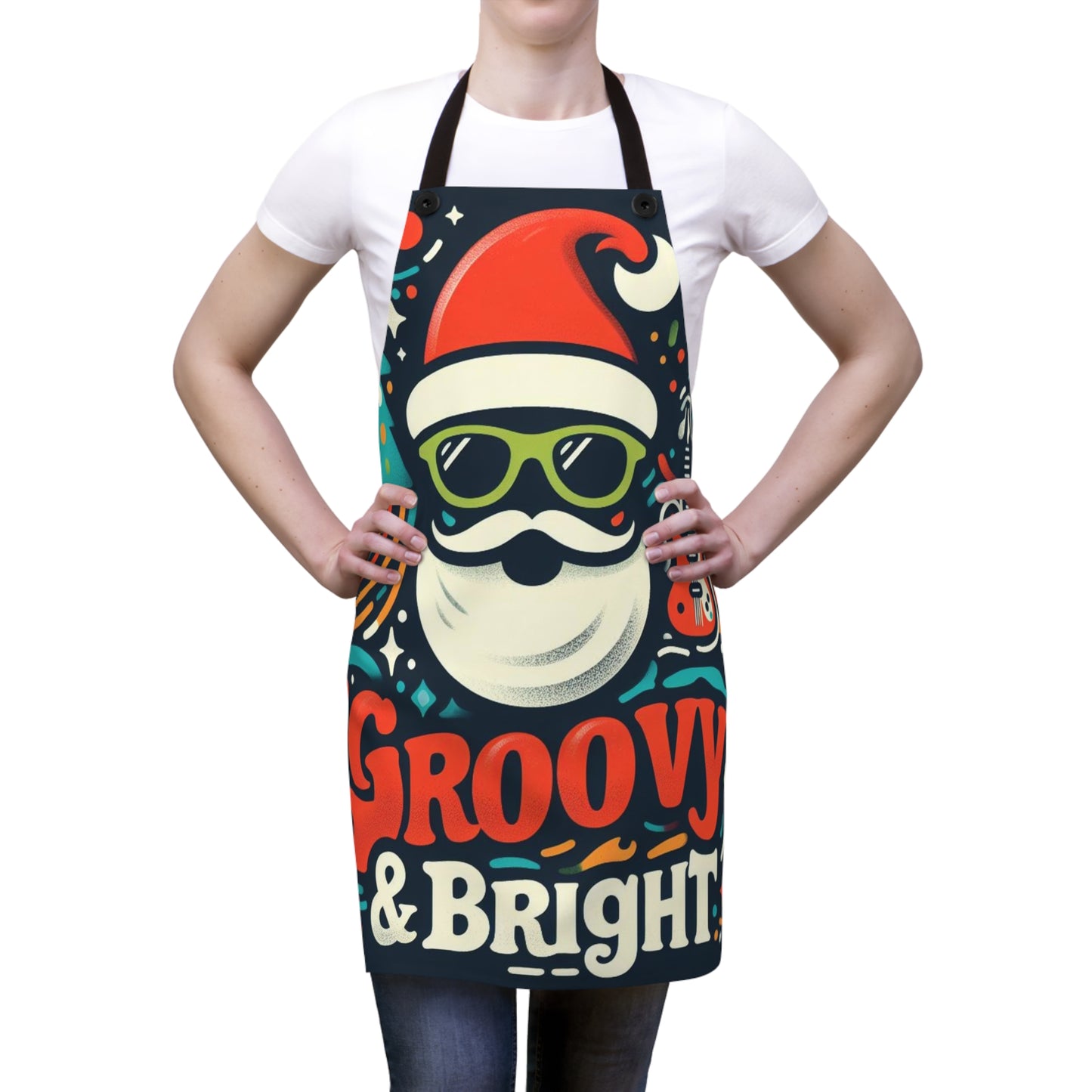 Groovy & Bright Santa Vibes - Retro Christmas Charm with Funky Guitar and Festive Trees - Apron (AOP)