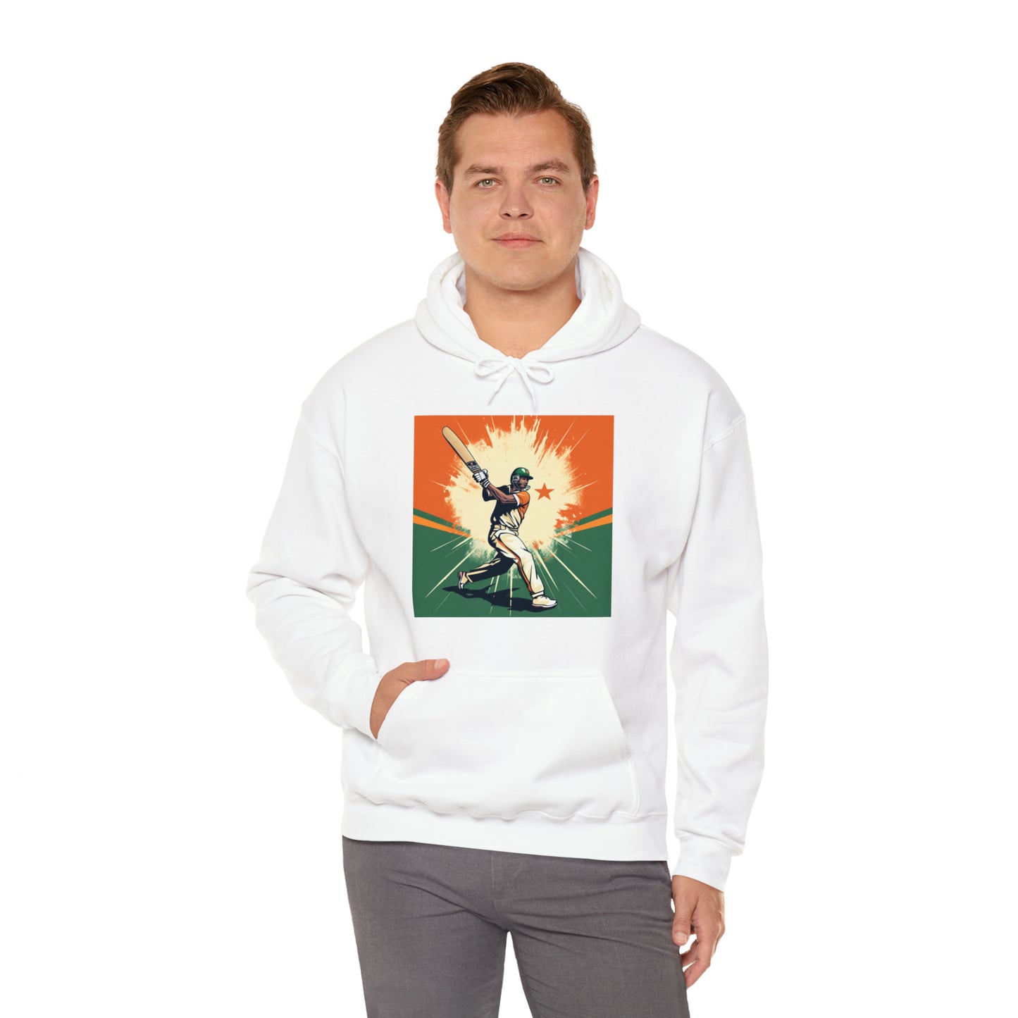 India Cricket Star: Batsman With Willow Bat, National Flag Style - Sport Game - Unisex Heavy Blend™ Hooded Sweatshirt