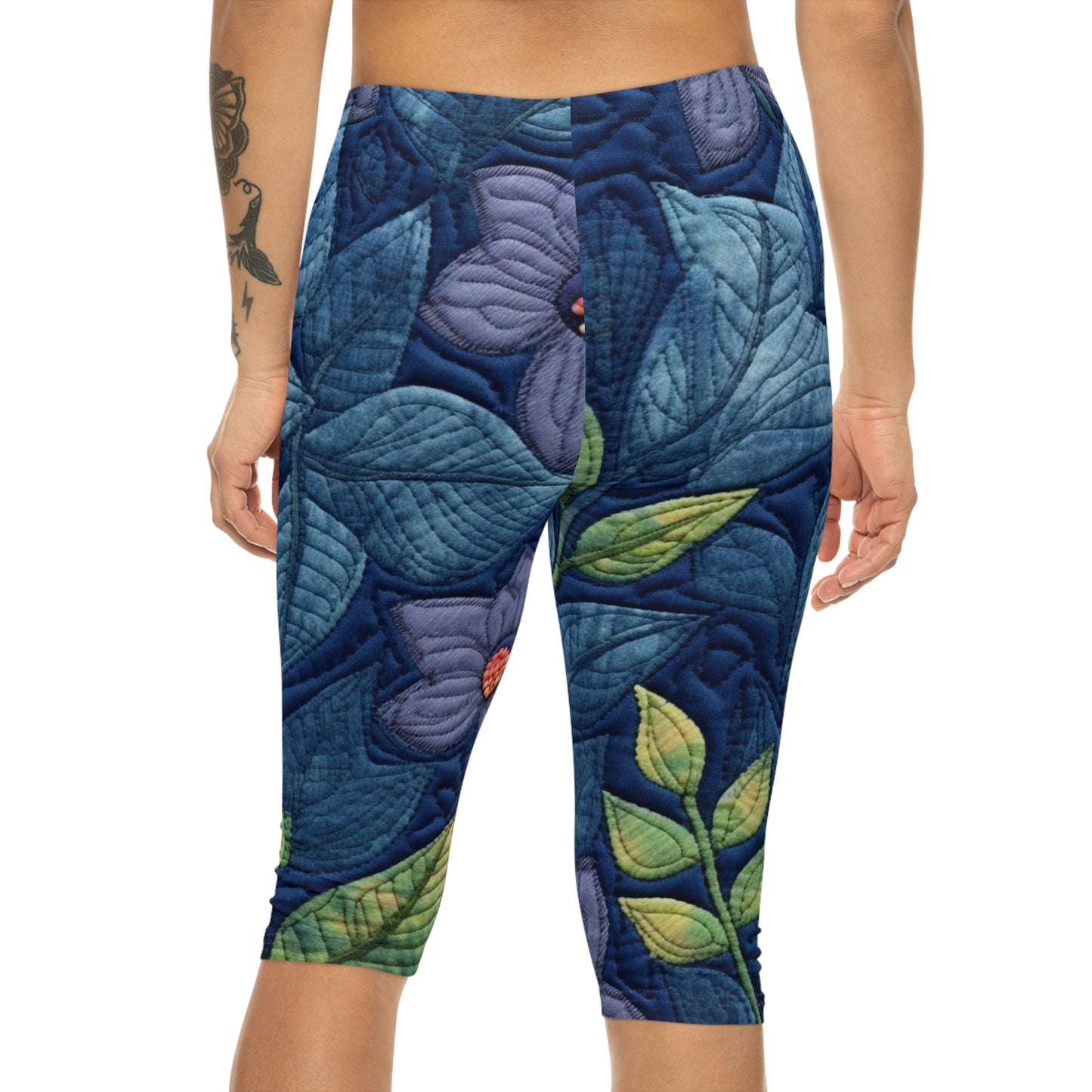Floral Embroidery Blue: Denim-Inspired, Artisan-Crafted Flower Design - Women’s Capri Leggings (AOP)