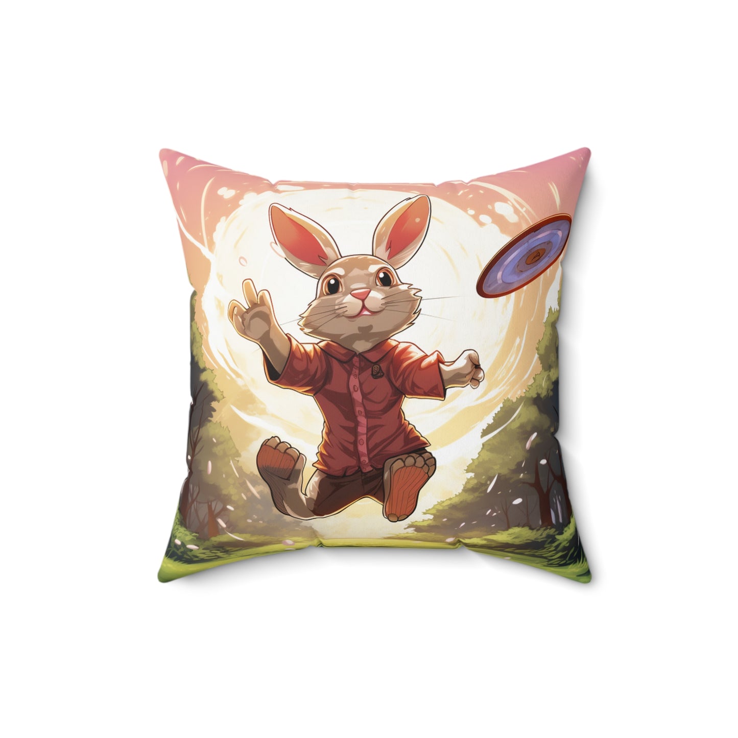 Disc Golf Rabbit: Bunny Aiming Frisbee for Basket Chain - Spun Polyester Square Pillow