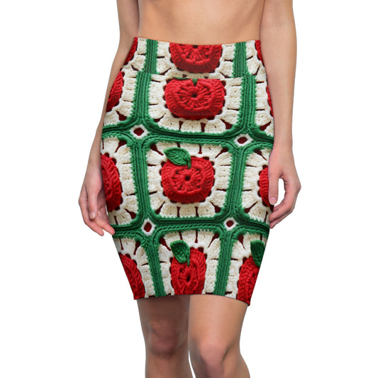 Apple Granny Square Crochet Pattern: Wild Fruit Tree, Delicious Red Design - Women's Pencil Skirt (AOP)