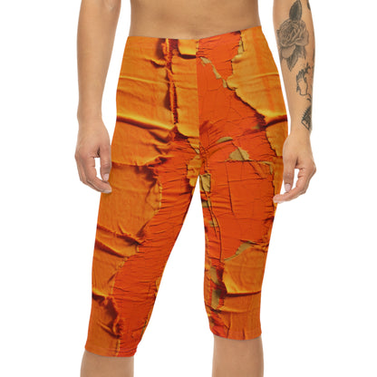 Fiery Citrus Orange: Edgy Distressed, Denim-Inspired Fabric - Women’s Capri Leggings (AOP)