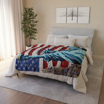 Patriotic Mosaic Artwork, Liberty Statue with Flag, Emblematic Freedom, Independence Day Mural, National Pride Abstract Tilework - Fleece Sherpa Blanket