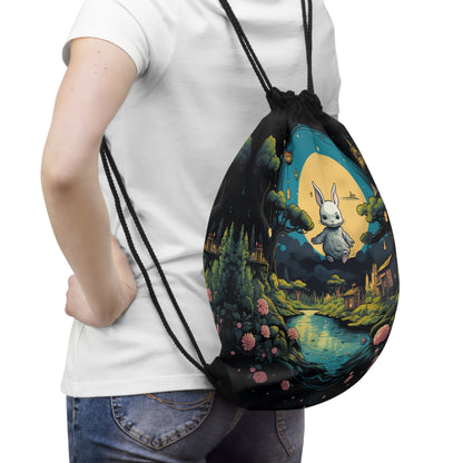 White Rabbit Mystery Psychedelic Fantasy Anime Cartoon Bunny - Drawstring Bag