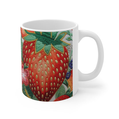 Berry Delight: Sun-Kissed Strawberries Fields Meet Embroidered Style Strawberry Patterns - Ceramic Mug 11oz