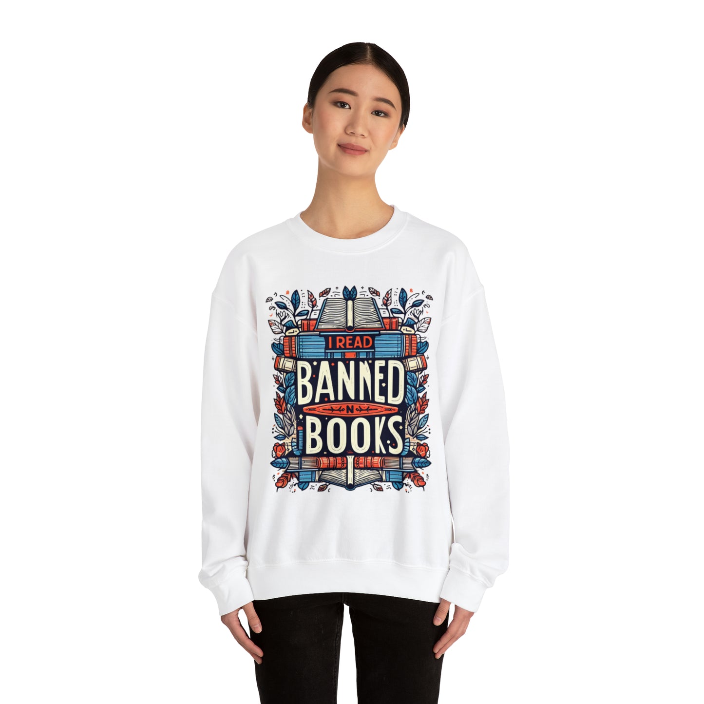 I Read Banned Books - Emblematic Floral Book Stack - Unisex Heavy Blend™ Crewneck Sweatshirt