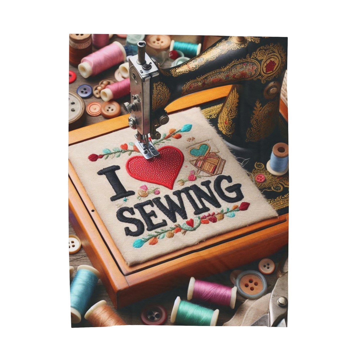 Sewing Machine, I Love Sewing Embroidery, Tailor Workshop - Velveteen Plush Blanket