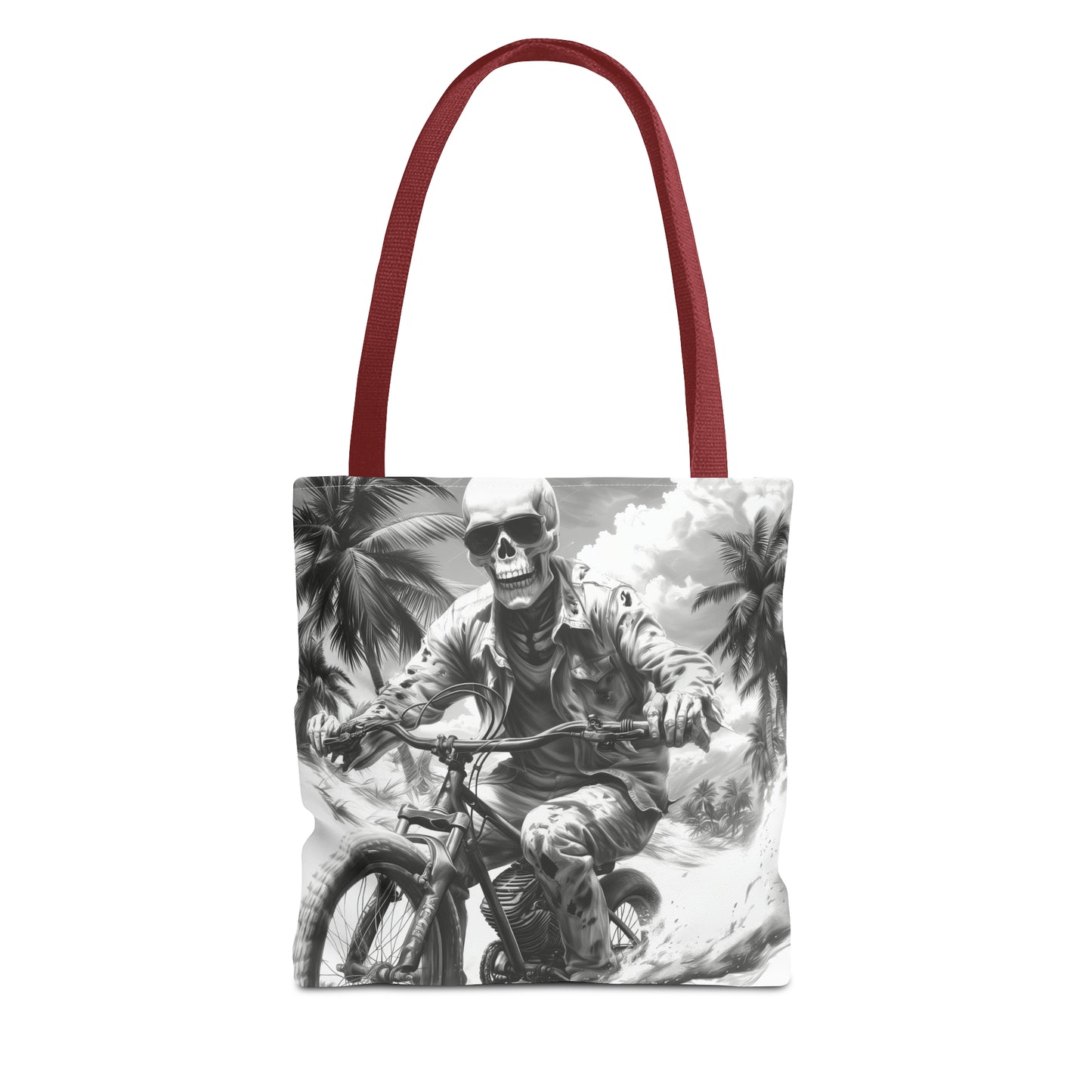 Biker Skeleton Wearing Sunglasses, Riding Sunset Boulevard in California Motorcycle, Tote Bag (AOP)