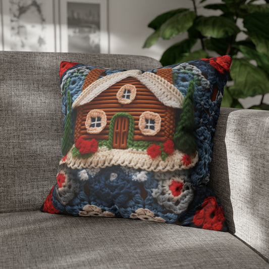 Cottagecore Log Cabin Crochet, Christmas Winter House Design, Rustic Holiday - Spun Polyester Square Pillow Case