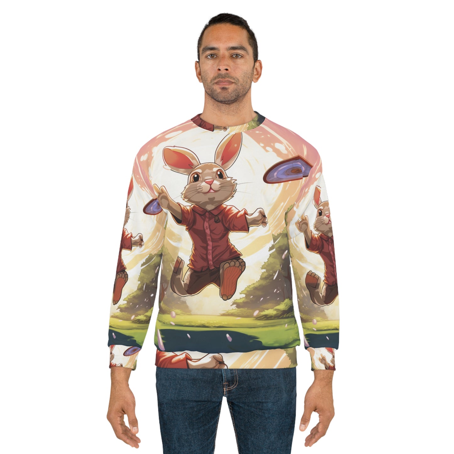 Disc Golf Rabbit: Bunny Aiming Frisbee for Basket Chain - Unisex Sweatshirt (AOP)