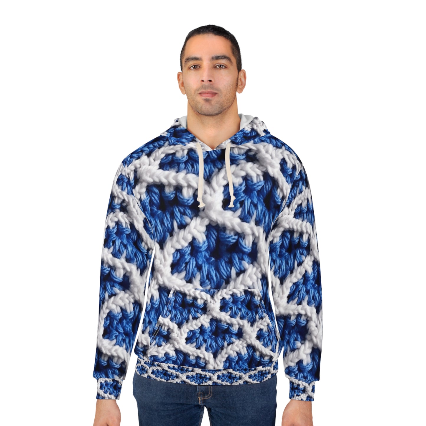 Blueberry Blue Crochet, White Accents, Classic Textured Pattern - Unisex Pullover Hoodie (AOP)