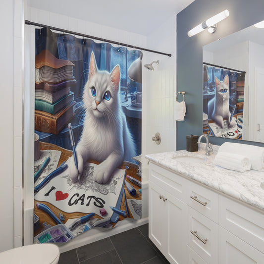 Artistic White Cat Drawing I Love Cats, Creative Feline Illustration, Cat Lover Dream - Shower Curtains