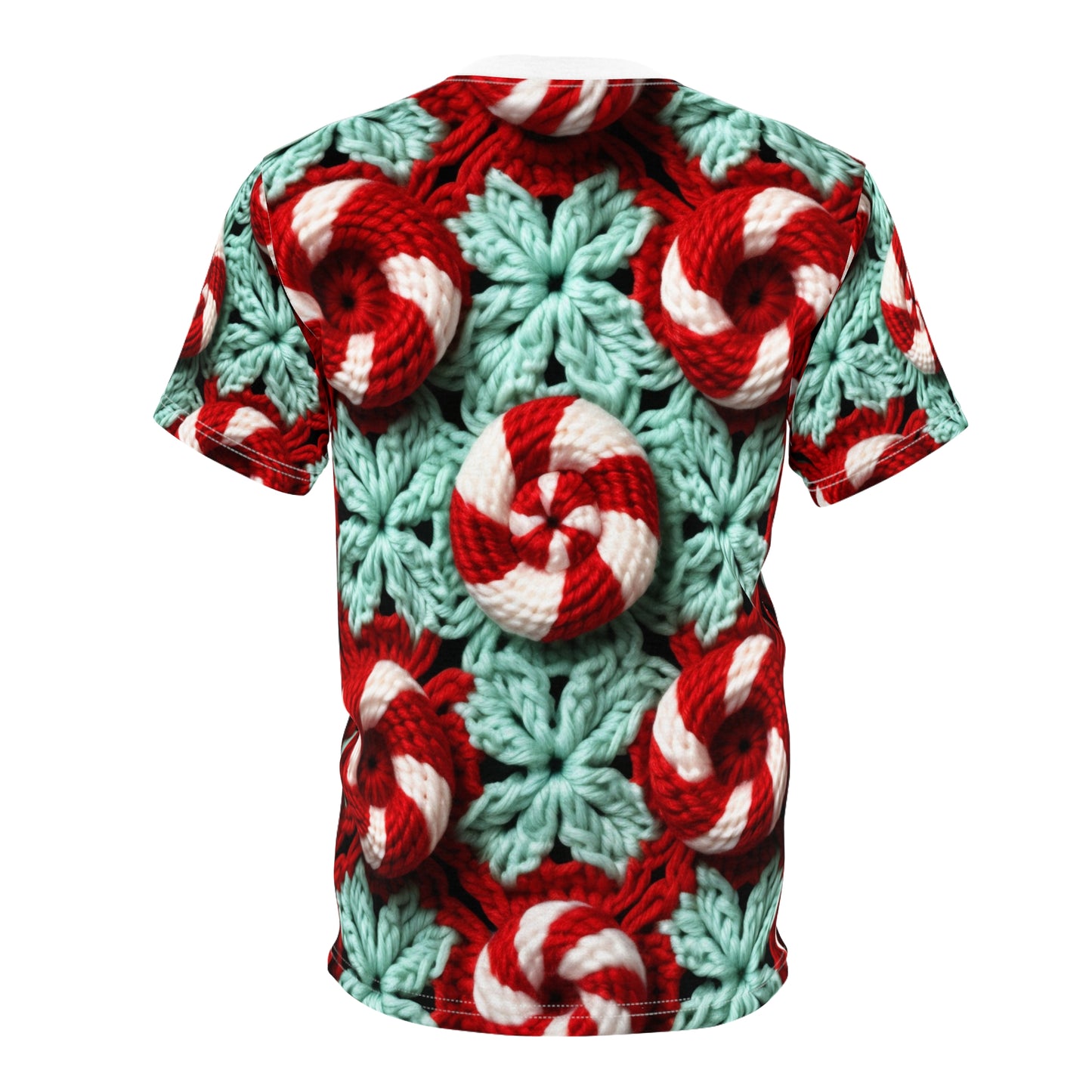 Christmas Crochet Candy Cane - Pepper Red Crystal White Holiday Pattern - Unisex Cut & Sew Tee (AOP)