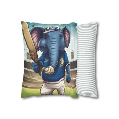 India Elephant Cricket Sport Star: Pitch, Run, Stump Game - Animated Charm - Spun Polyester Square Pillow Case