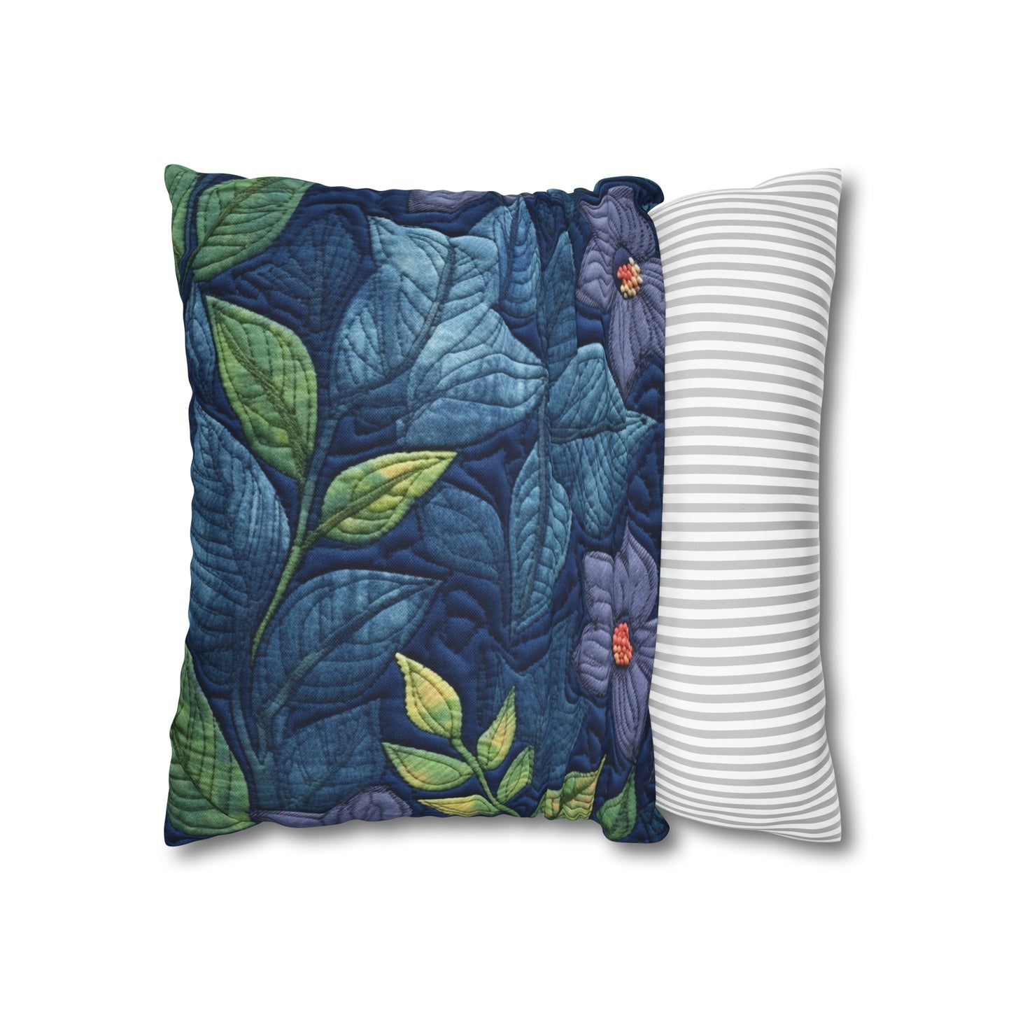 Floral Embroidery Blue: Denim-Inspired, Artisan-Crafted Flower Design - Spun Polyester Square Pillow Case